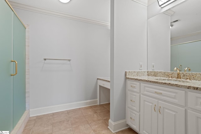 bathroom featuring vanity, ornamental molding, baseboards, and a shower stall