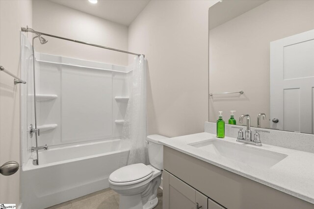 full bathroom featuring toilet, shower / bath combination with curtain, tile patterned flooring, and vanity