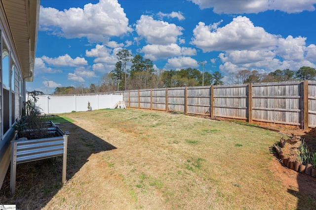 view of yard featuring a fenced backyard and a vegetable garden