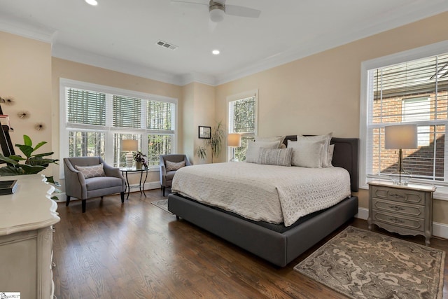 9 Graywood Ct, Simpsonville, SC 29680 - bedroom featuring ornamental molding, visible vents, recessed lighting, and dark wood finished floors