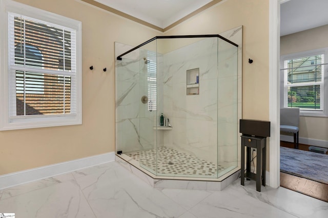 9 Graywood Ct, Simpsonville, SC 29680 - full bath featuring marble finish floor, baseboards, ornamental molding, and a marble finish shower