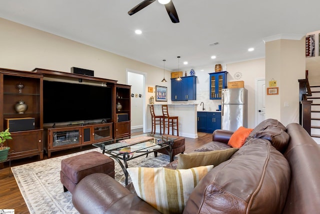 9 Graywood Ct, Simpsonville, SC 29680 - living room with stairway, recessed lighting, visible vents, ceiling fan, and wood finished floors