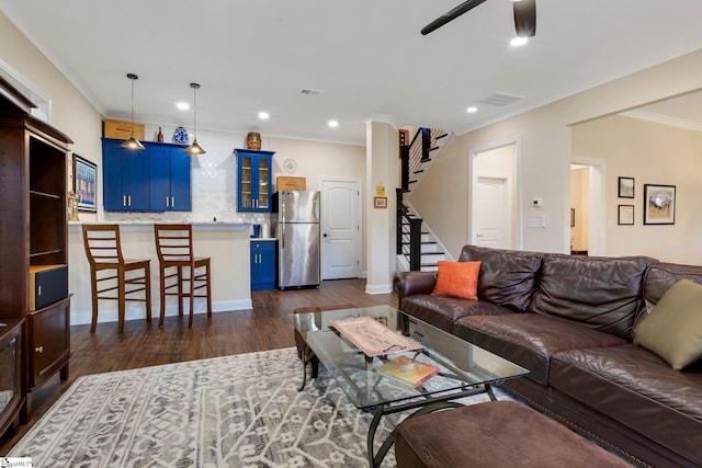 9 Graywood Ct, Simpsonville, SC 29680 - living room featuring visible vents, stairs, recessed lighting, a ceiling fan, and dark wood-style floors