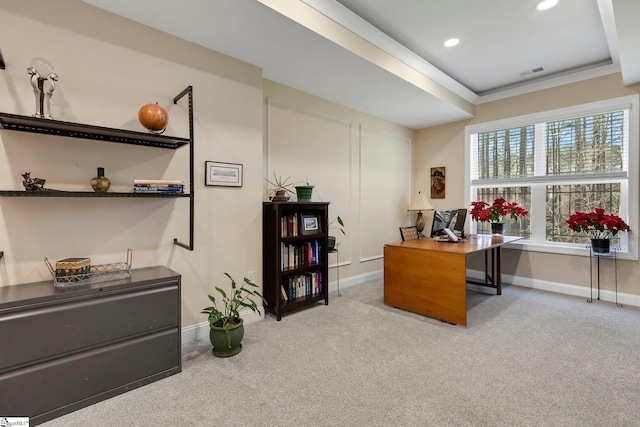 9 Graywood Ct, Simpsonville, SC 29680 - carpeted office featuring a tray ceiling, recessed lighting, ornamental molding, baseboards, and visible vents