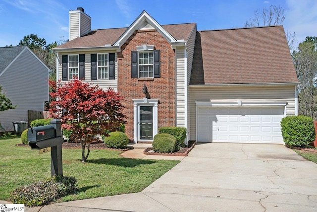 view of front of house featuring a front yard, concrete driveway, a chimney, brick siding, and a garage