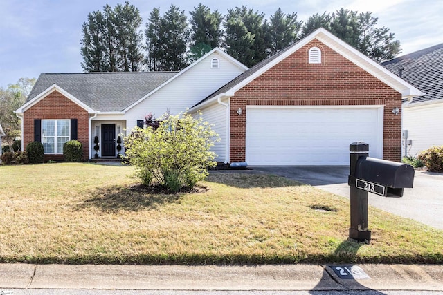 213 Lexington Place Way, Greenville, SC 29615 - ranch-style house featuring driveway, a front yard, roof with shingles, brick siding, and a garage