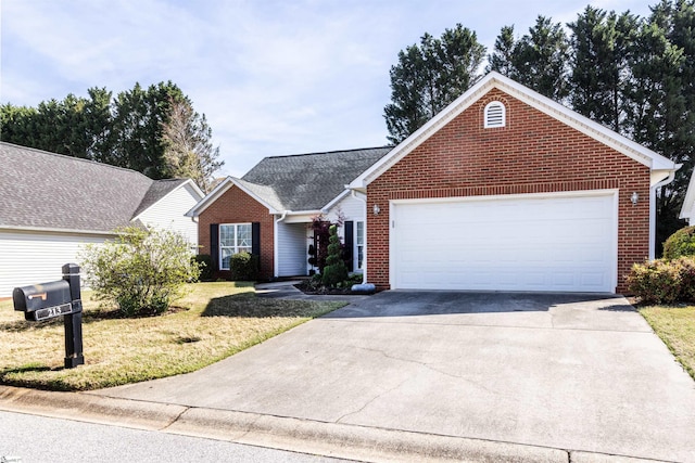 213 Lexington Place Way, Greenville, SC 29615 - ranch-style home featuring a front yard, brick siding, concrete driveway, and an attached garage