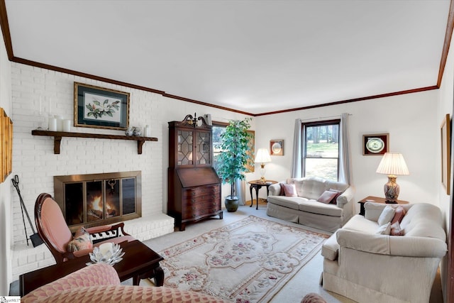 202 Mornington Ct, Simpsonville, SC 29681 - living room with ornamental molding, carpet, and a brick fireplace