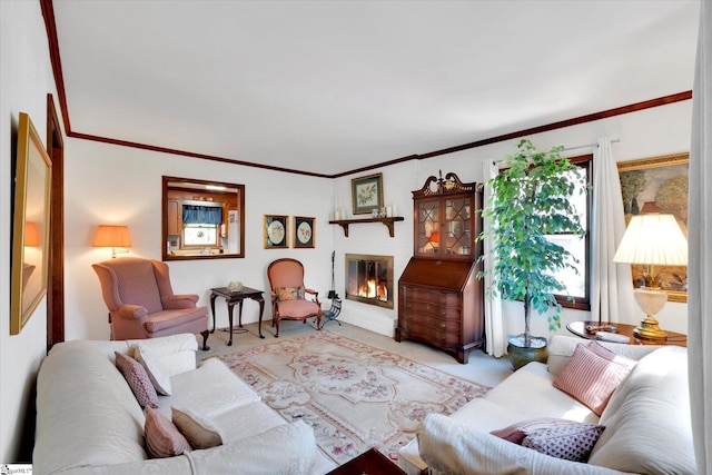 202 Mornington Ct, Simpsonville, SC 29681 - carpeted living room featuring crown molding and a glass covered fireplace