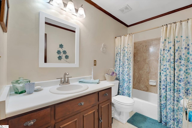 202 Mornington Ct, Simpsonville, SC 29681 - bathroom featuring crown molding, toilet, vanity, shower / bath combo, and visible vents
