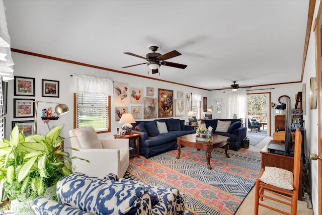 202 Mornington Ct, Simpsonville, SC 29681 - living room featuring a ceiling fan, crown molding, and a wealth of natural light