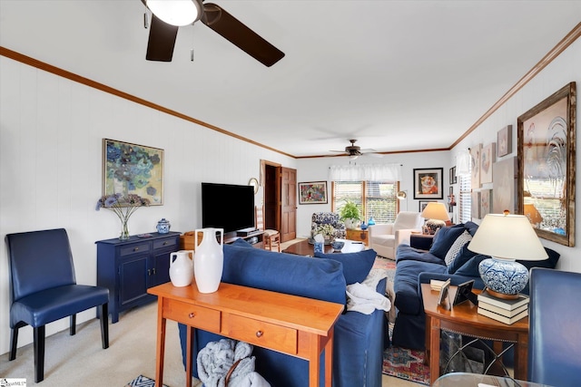 202 Mornington Ct, Simpsonville, SC 29681 - living area featuring a ceiling fan, ornamental molding, and light colored carpet