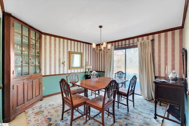 202 Mornington Ct, Simpsonville, SC 29681 - dining area featuring baseboards, wallpapered walls, crown molding, and an inviting chandelier