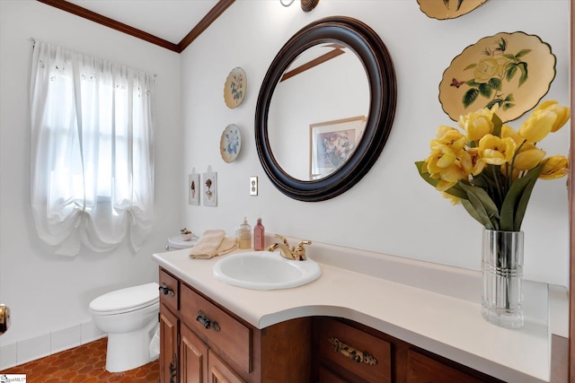 202 Mornington Ct, Simpsonville, SC 29681 - half bath with tile patterned floors, toilet, vanity, and ornamental molding