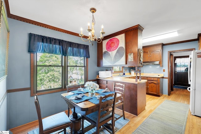 202 Mornington Ct, Simpsonville, SC 29681 - kitchen with a chandelier, brown cabinets, light wood-style floors, wainscoting, and freestanding refrigerator