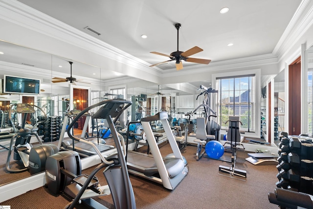 gym with visible vents, crown molding, recessed lighting, and a ceiling fan