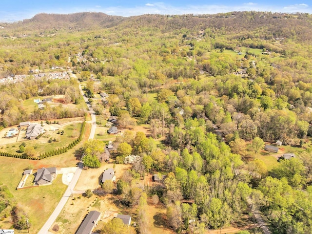 birds eye view of property with a wooded view and a mountain view