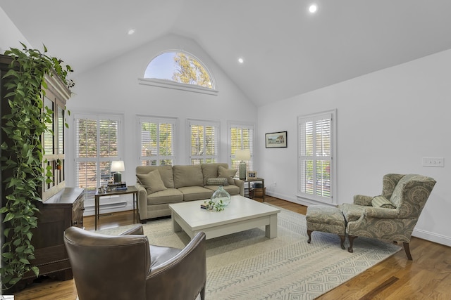 living area with high vaulted ceiling, wood finished floors, and a healthy amount of sunlight