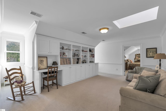 living room featuring lofted ceiling with skylight, light carpet, crown molding, and visible vents