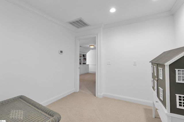 game room with visible vents, baseboards, ornamental molding, recessed lighting, and light colored carpet