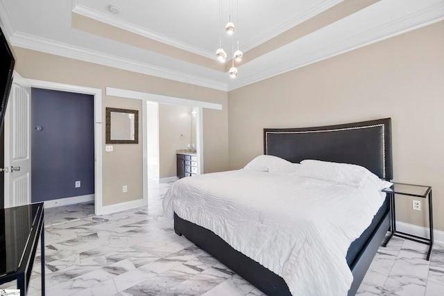 bedroom featuring a tray ceiling, baseboards, marble finish floor, and ornamental molding