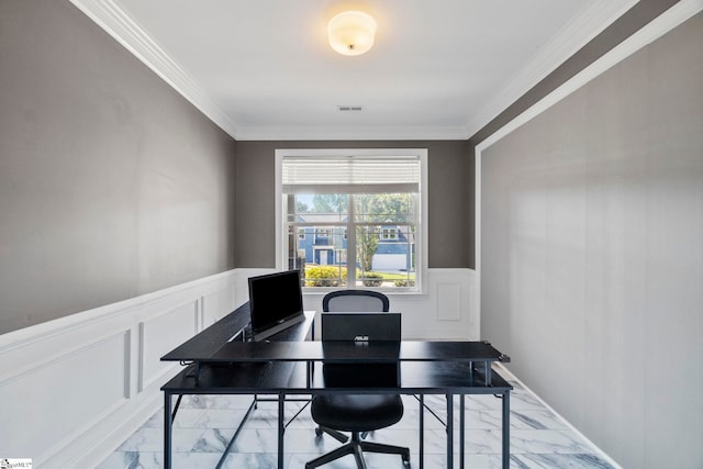 office space with marble finish floor, wainscoting, visible vents, and ornamental molding
