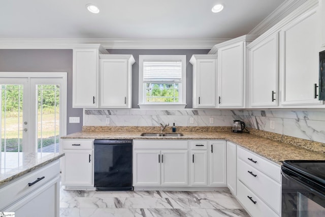 kitchen featuring white cabinets, crown molding, marble finish floor, a sink, and black appliances