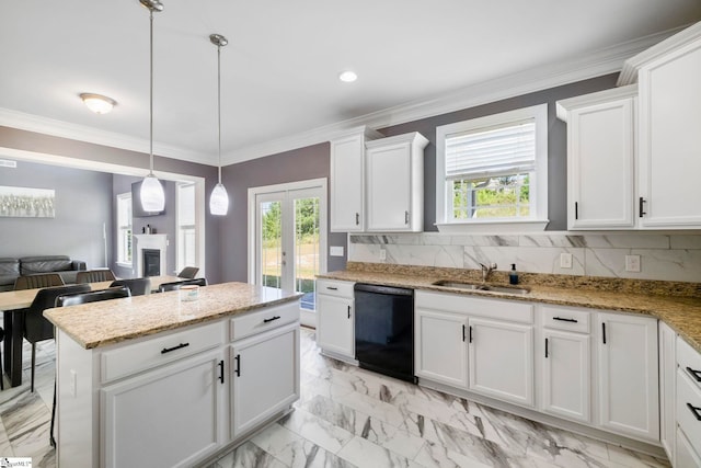 kitchen featuring crown molding, decorative backsplash, marble finish floor, a sink, and black dishwasher