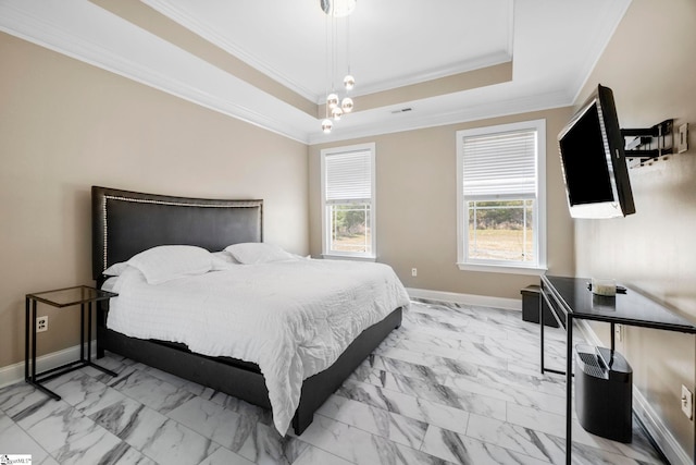bedroom with a tray ceiling, crown molding, baseboards, marble finish floor, and visible vents