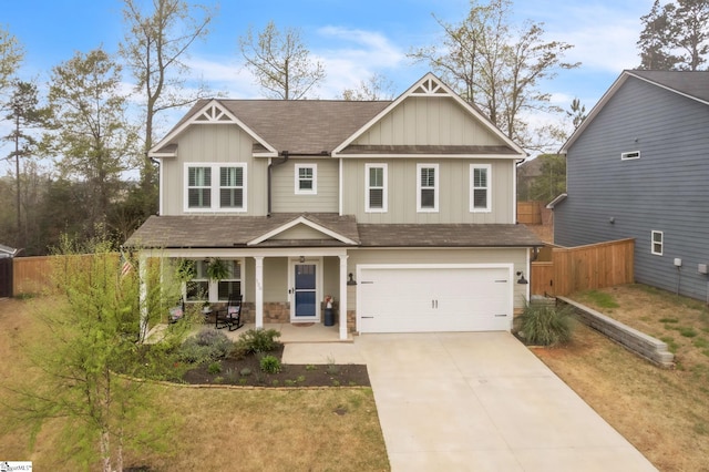 120 Marshfield Trl, Simpsonville, SC 29680 - craftsman-style home with board and batten siding, a porch, concrete driveway, and an attached garage
