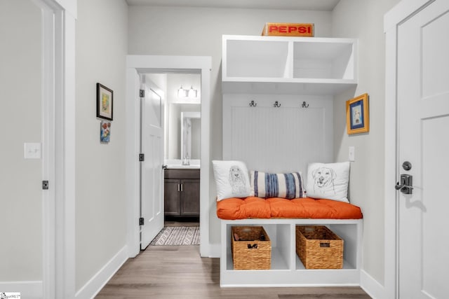 120 Marshfield Trl, Simpsonville, SC 29680 - mudroom featuring wood finished floors, a sink, and baseboards