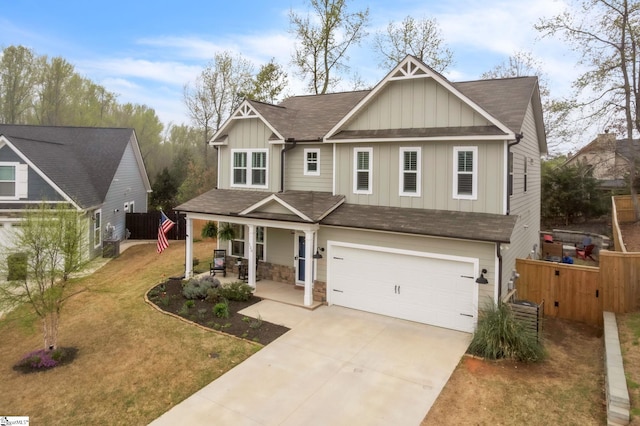 120 Marshfield Trl, Simpsonville, SC 29680 - craftsman inspired home with a shingled roof, concrete driveway, board and batten siding, covered porch, and a garage