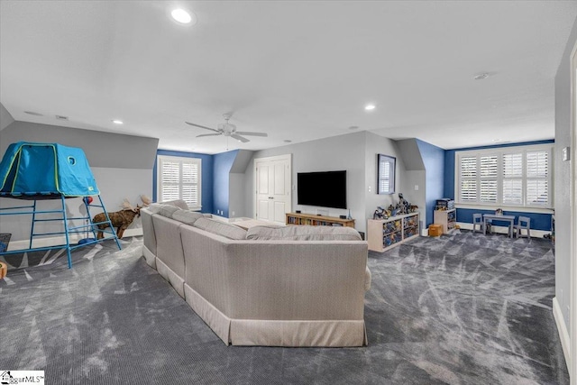 living room featuring baseboards, carpet floors, and recessed lighting