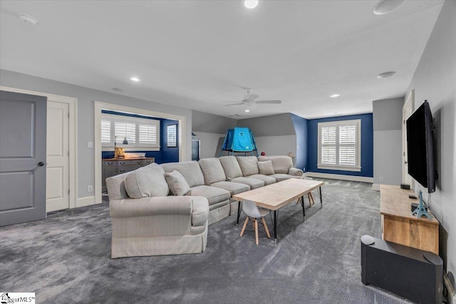 carpeted living room featuring baseboards, recessed lighting, and a ceiling fan