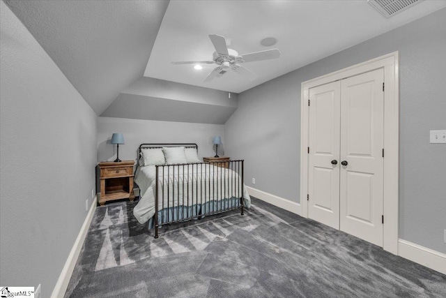 bedroom featuring vaulted ceiling, baseboards, carpet floors, ceiling fan, and visible vents
