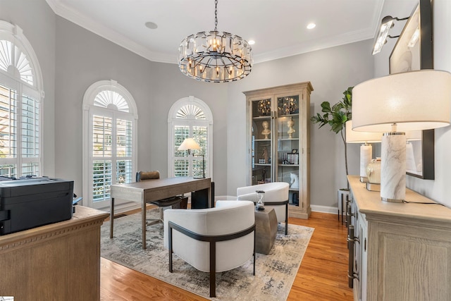 100 Breeds Hill Way, Greer, SC 29650 - office with baseboards, light wood-style flooring, ornamental molding, and an inviting chandelier