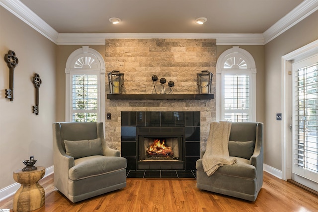 100 Breeds Hill Way, Greer, SC 29650 - sitting room featuring baseboards, wood finished floors, ornamental molding, and a large fireplace