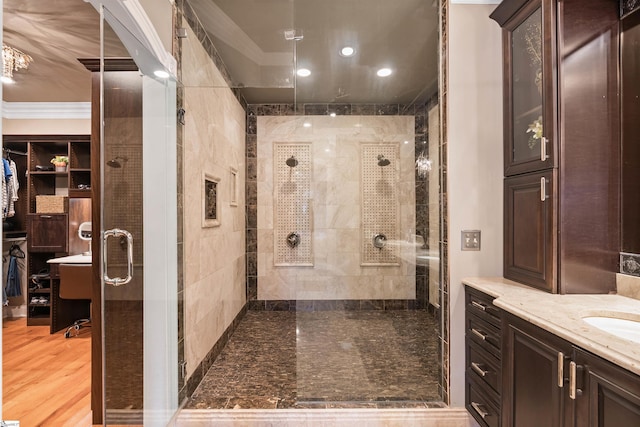 100 Breeds Hill Way, Greer, SC 29650 - bathroom featuring a shower stall, crown molding, and vanity