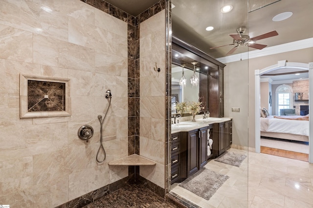 100 Breeds Hill Way, Greer, SC 29650 - full bathroom with ensuite bathroom, ornamental molding, vanity, tiled shower, and a ceiling fan