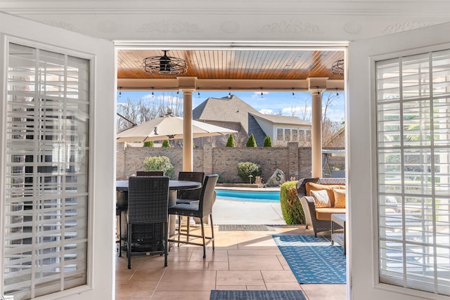 100 Breeds Hill Way, Greer, SC 29650 - exterior space with a fenced in pool, outdoor dining area, fence, and a patio