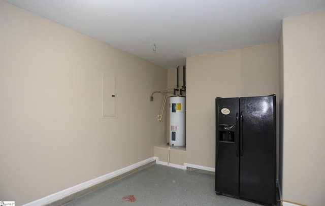 garage with water heater, baseboards, electric panel, and black fridge
