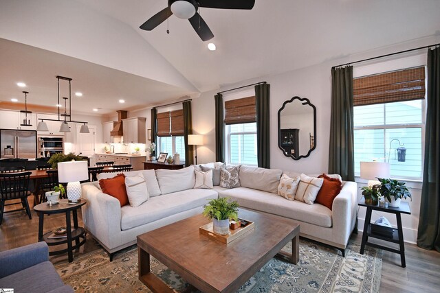 317 Encampment Blvd, Simpsonville, SC 29681 - living area featuring lofted ceiling, wood finished floors, recessed lighting, and a ceiling fan