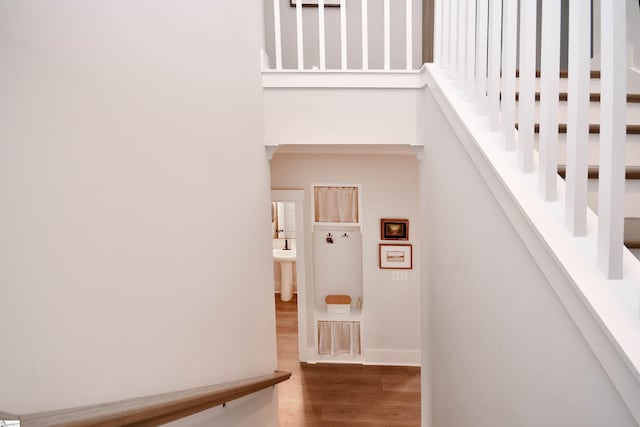 317 Encampment Blvd, Simpsonville, SC 29681 - stairs with baseboards and wood finished floors