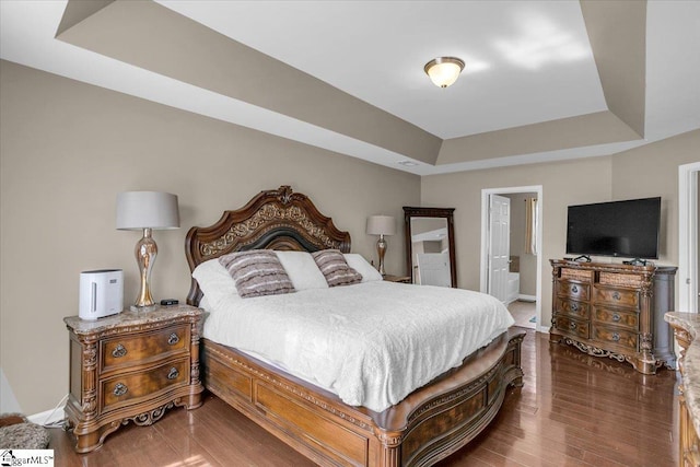 513 Rio Grande Pl, Simpsonville, SC 29680 - bedroom with a raised ceiling, baseboards, dark wood finished floors, and connected bathroom