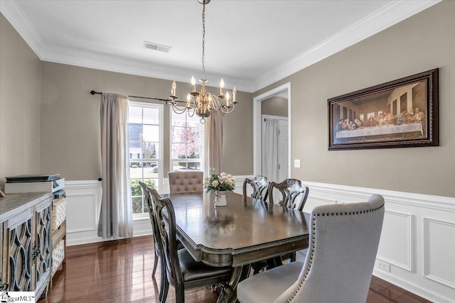 513 Rio Grande Pl, Simpsonville, SC 29680 - dining area featuring dark wood-type flooring, visible vents, a wainscoted wall, and an inviting chandelier