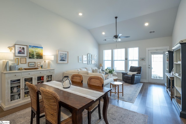 305 Albemarle Ln, Greer, SC 29650 - dining space with recessed lighting, high vaulted ceiling, visible vents, a ceiling fan, and wood finished floors