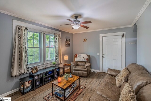 123 Cobb St, Easley, SC 29640 - living area featuring baseboards, wood finished floors, ceiling fan, and ornamental molding