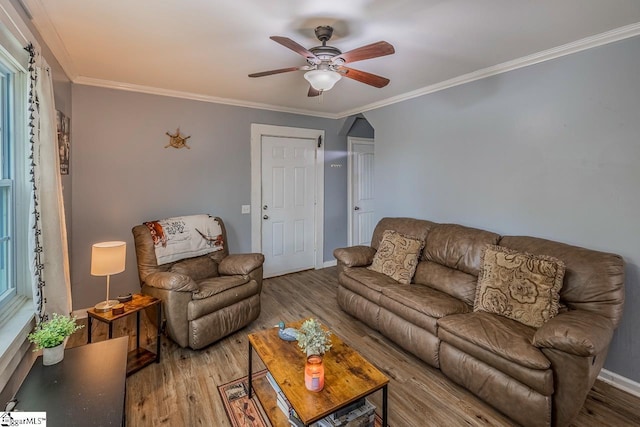 123 Cobb St, Easley, SC 29640 - living room featuring baseboards, ceiling fan, wood finished floors, and crown molding