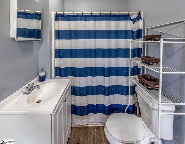 123 Cobb St, Easley, SC 29640 - full bath featuring a shower with curtain, toilet, wood finished floors, and vanity