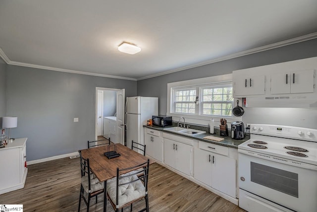 123 Cobb St, Easley, SC 29640 - kitchen with wood finished floors, a sink, under cabinet range hood, and white appliances